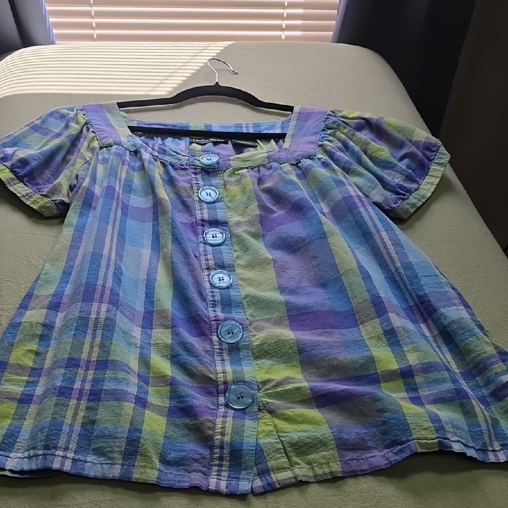 Lemon Grass Studio Plaid Shirt in Blue and Green Size L